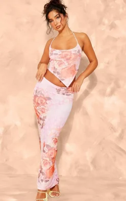 Petite Pink Printed Mesh Low Waist Maxi Skirt