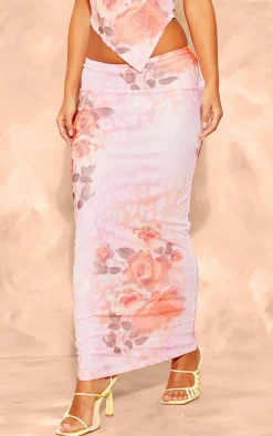 Petite Pink Printed Mesh Low Waist Maxi Skirt