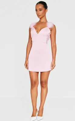 Petite Pink Satin Fur Detail Mini Dress