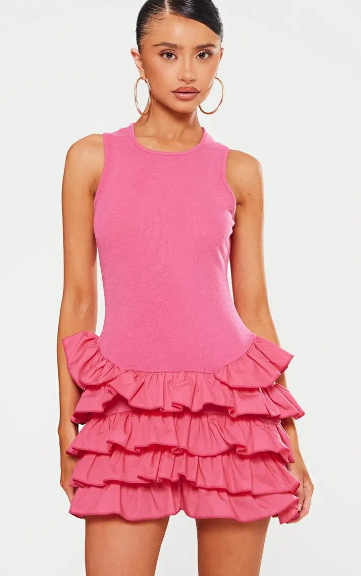 Petite Pink Sleeveless Frill Detail Shift Micro Mini Dress