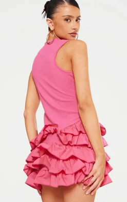 Petite Pink Sleeveless Frill Detail Shift Micro Mini Dress