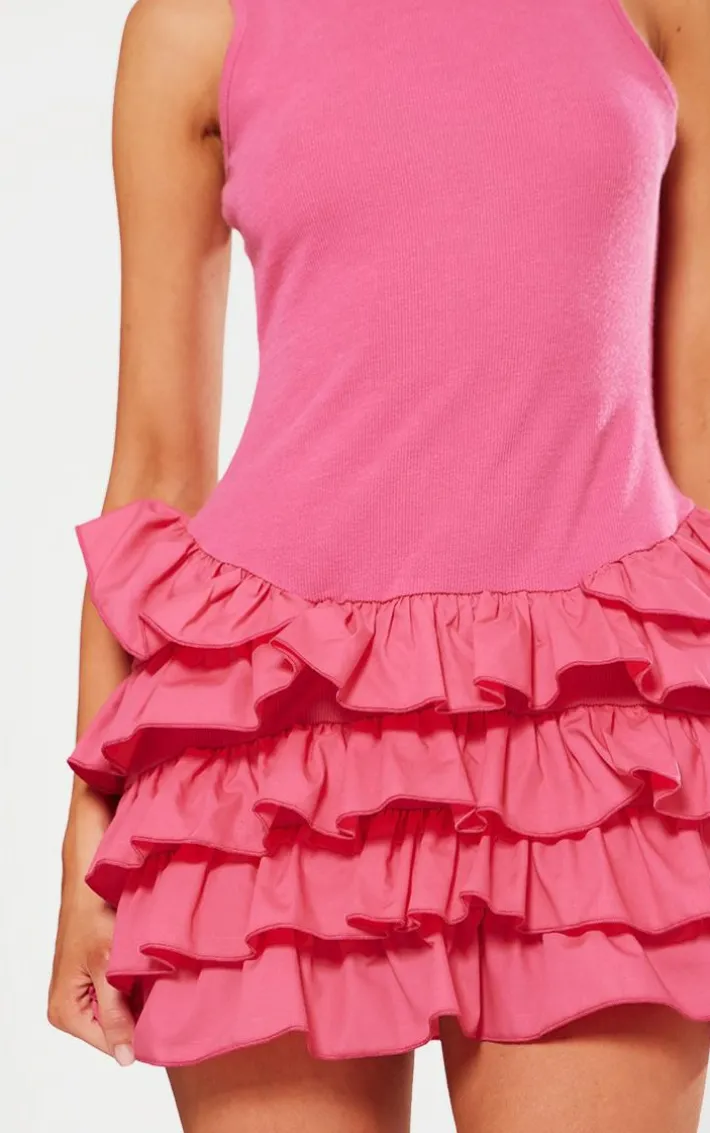 Petite Pink Sleeveless Frill Detail Shift Micro Mini Dress