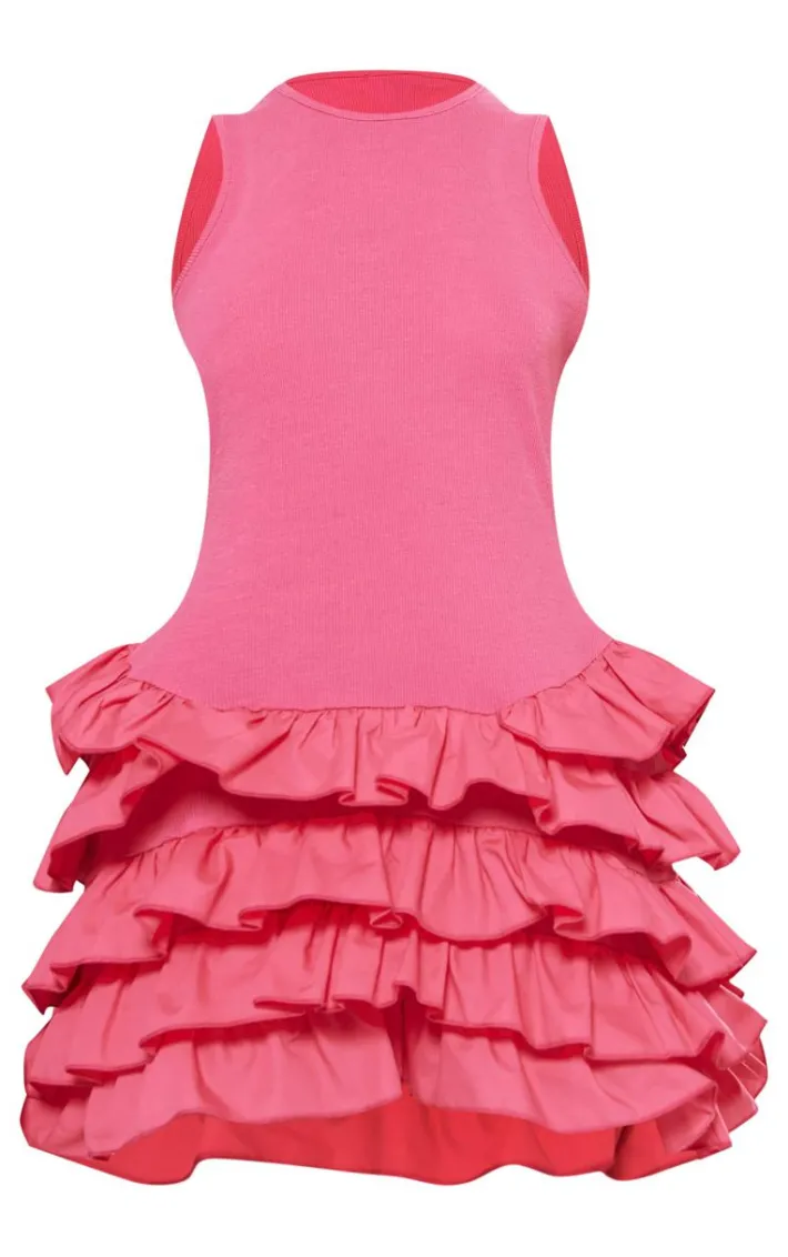 Petite Pink Sleeveless Frill Detail Shift Micro Mini Dress