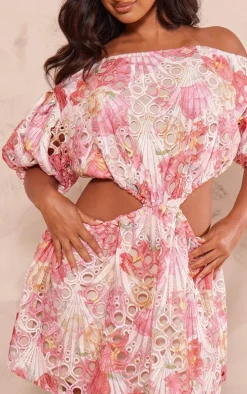 Petite Pink Textured Cut Out Back Puff Ball Mini Dress