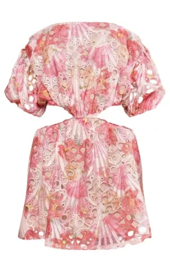 Petite Pink Textured Cut Out Back Puff Ball Mini Dress