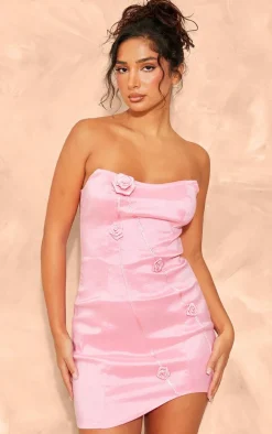 Petite Pink Woven Bandeau Structured Flower Detail Mini Dress