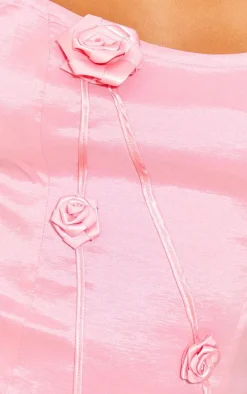 Petite Pink Woven Bandeau Structured Flower Detail Mini Dress