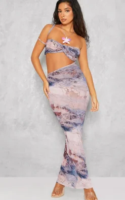 Petite Purple Printed Crushed Mesh Cut Out Maxi Dress