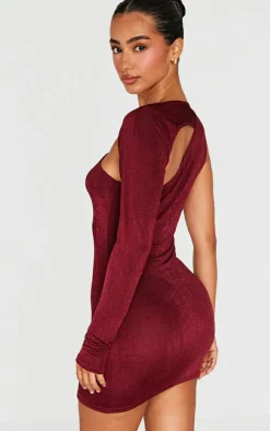Petite Red Acetate Slinky One Shoulder Cut Out Bodycon Dress