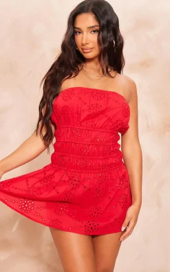 Petite Red Broderie Bandeau Ruched Shift Dress