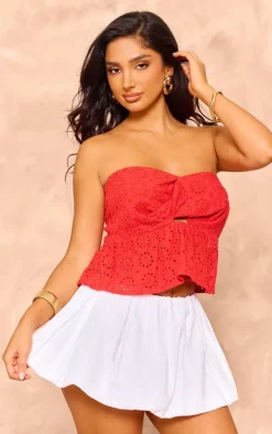 Petite Red Broderie Twist Front Crop Top
