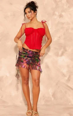 Petite Red Floral Printed Mesh Ruffle Detail Mini Skirt