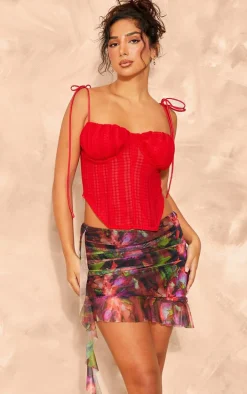 Petite Red Floral Printed Mesh Ruffle Detail Mini Skirt
