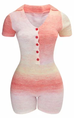 Petite Red Knitted Ombre Button Up Romper