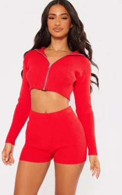Petite Red Knitted Zip Up Cardigan