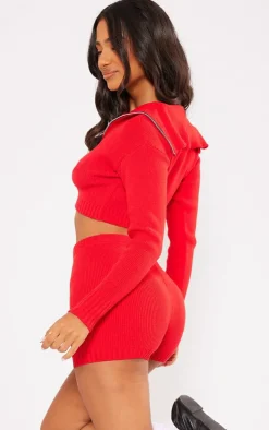 Petite Red Knitted Zip Up Cardigan