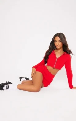 Petite Red Knitted Zip Up Cardigan