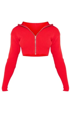 Petite Red Knitted Zip Up Cardigan