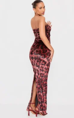 Petite Red Leopard Print Velvet Trim Detail Maxi Dress