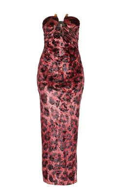 Petite Red Leopard Print Velvet Trim Detail Maxi Dress