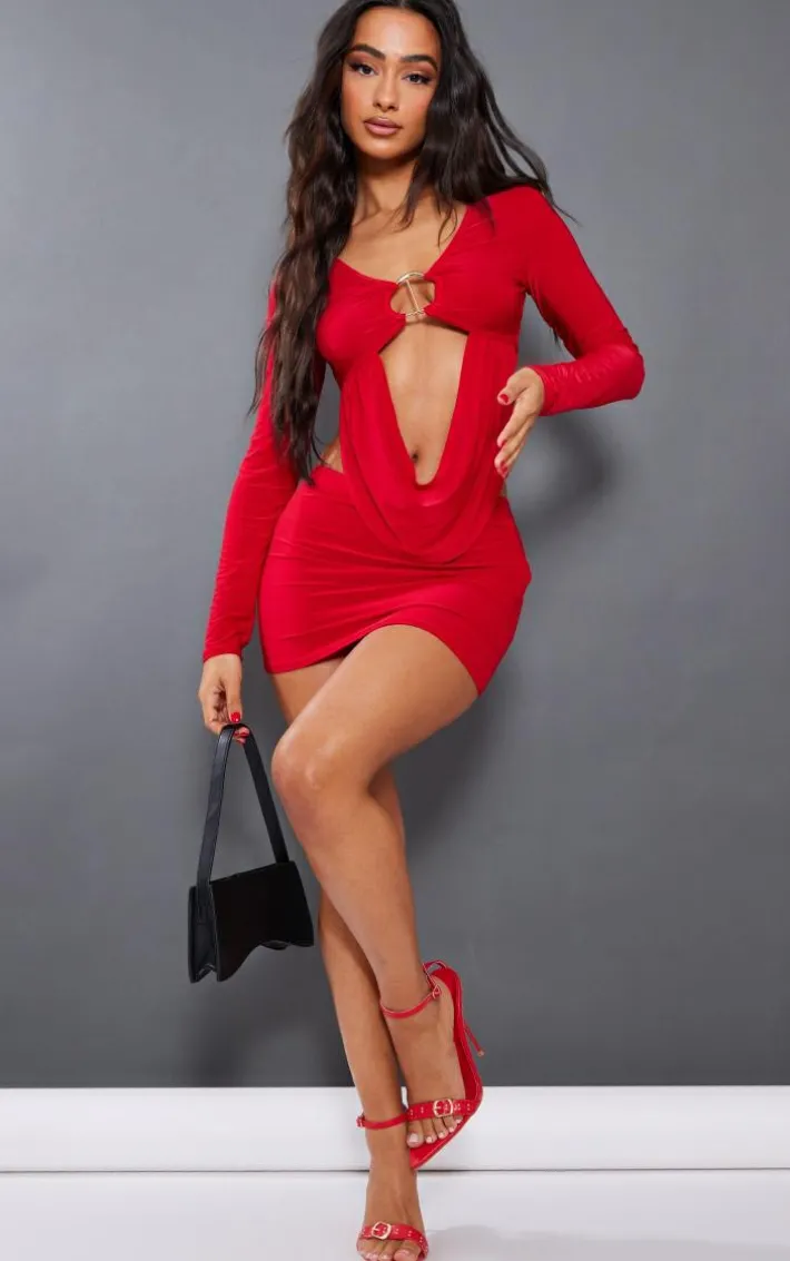 Petite Red Low Rise Slinky Micro Mini Skirt