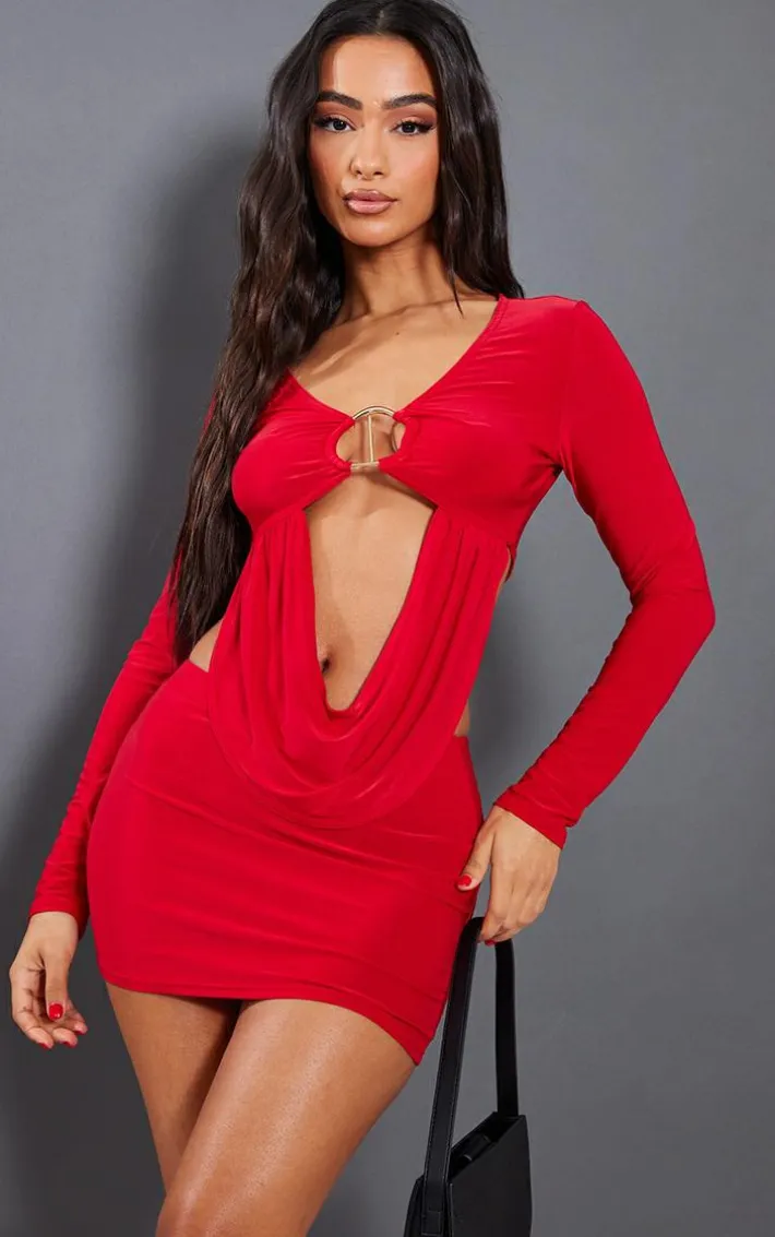 Petite Red Low Rise Slinky Micro Mini Skirt