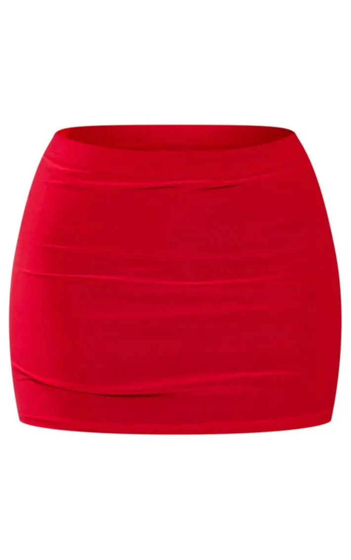 Petite Red Low Rise Slinky Micro Mini Skirt