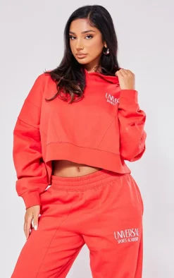 Petite Red Premium Tonal Print Panelled Boxy Hoodie