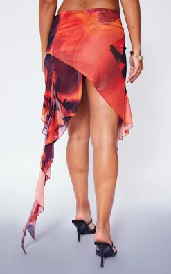 Petite Red Rose Mesh Printed Asymmetric Micro Mini Skirt