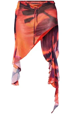 Petite Red Rose Mesh Printed Asymmetric Micro Mini Skirt