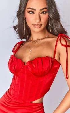Petite Red Satin Fitted Corset Top