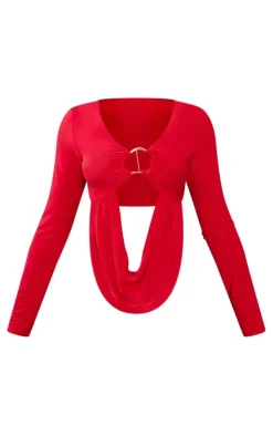 Petite Red Slinky Drape Longsleeve Crop Top