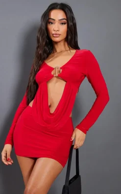 Petite Red Slinky Trim Detail Drape Long Sleeve Crop Top