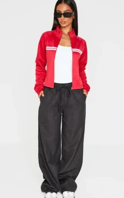 Petite Red Stripe Detail Zip Up Track Jacket