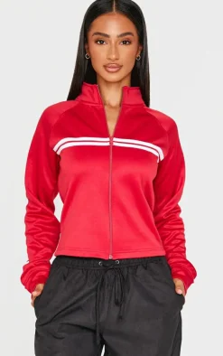 Petite Red Stripe Detail Zip Up Track Jacket