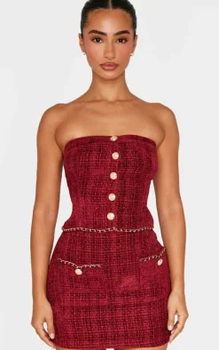 Petite Red Twill Bandeau Button Detail Top