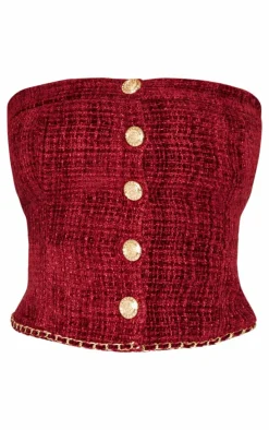 Petite Red Twill Bandeau Button Detail Top