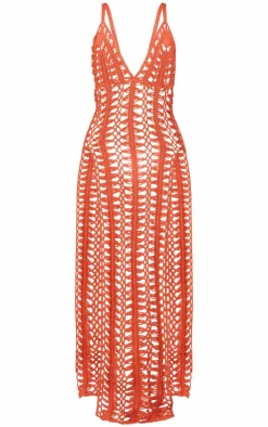Petite Rust Open Knit Side Split Detail Maxi Dress