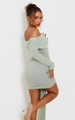Petite Sage Green Bardot Slinky Extreme Ruched Mini Dress