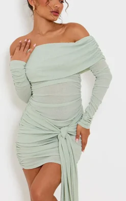 Petite Sage Green Bardot Slinky Extreme Ruched Mini Dress