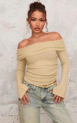 Petite Sage Green Boucle Knit Off Shoulder Ruched Top