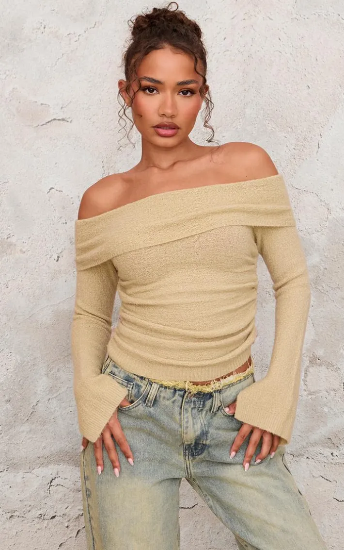 Petite Sage Green Boucle Knit Off Shoulder Ruched Top