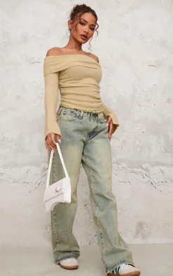 Petite Sage Green Boucle Knit Off Shoulder Ruched Top