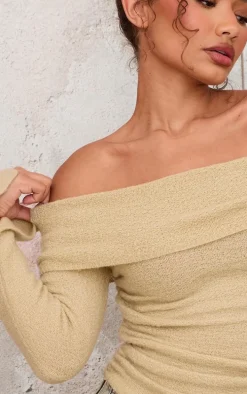 Petite Sage Green Boucle Knit Off Shoulder Ruched Top
