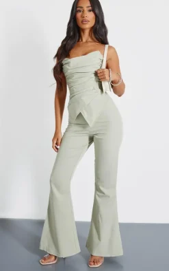 Petite Sage Green Ruched Pointed Corset Bandeau Jumpsuit