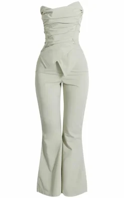 Petite Sage Green Ruched Pointed Corset Bandeau Jumpsuit