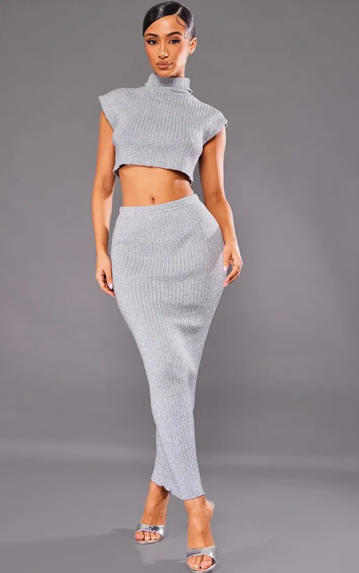 Petite Silver Glitter Knit Low Waist Midaxi Skirt