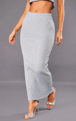 Petite Silver Glitter Knit Low Waist Midaxi Skirt