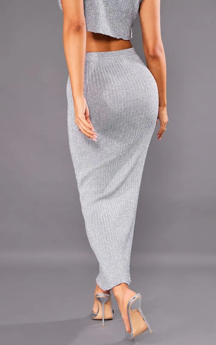 Petite Silver Glitter Knit Low Waist Midaxi Skirt