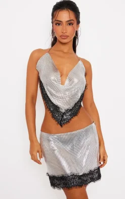 Petite Silver Lace Detail Chainmail Crop Top